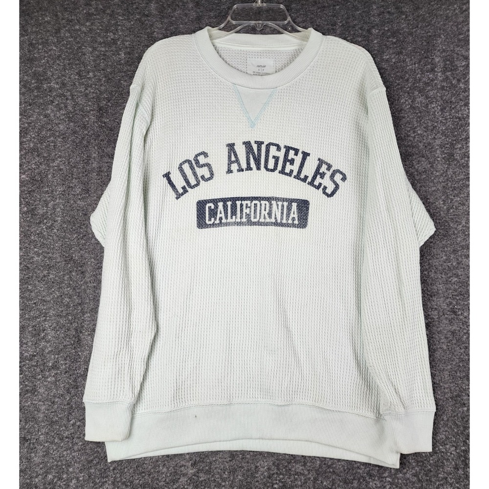 Aerie Sweatshirt Womens Small Green Los Angeles California Waffle Knit Oversized